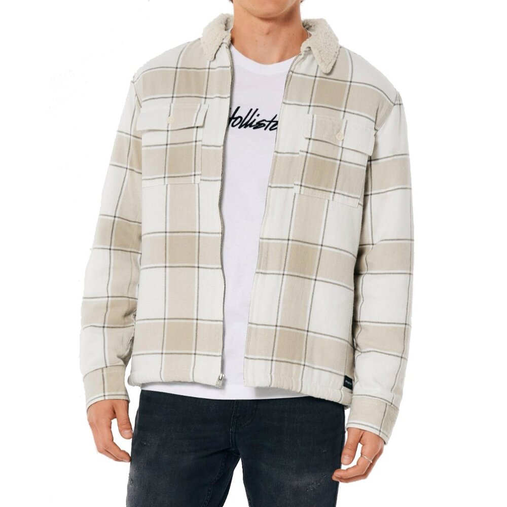 Hollister Sherpa-Lined Flannel Neutral Tan White Color Full Zip Shirt Jacket XL - Picture 2 of 16